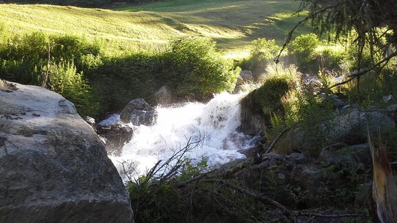 Ein kleiner Wasserfall fließt über Felsen in eine grüne Wiese. Umgeben von Bäumen und Sträuchern strahlt die Szene Ruhe und Naturverbundenheit aus. - La Luna - Sölden