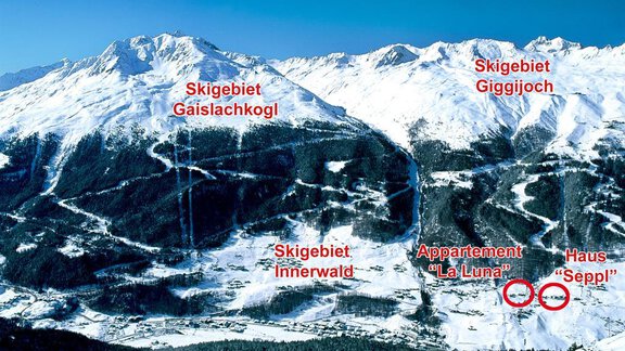 Eine beeindruckende Berglandschaft mit Schnee und Skigebieten. Markierte Orte sind die Skigebiete Gaislachkogel, Giggjjoch und Innerwald sowie die Unterkünfte "La Luna" und "Sepp!". - Sölden