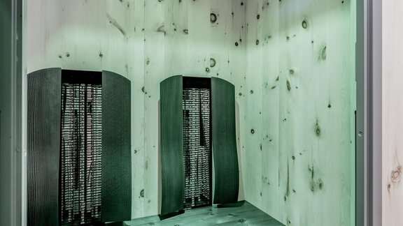 A modern sauna with wooden paneling and two benches. Soft green lighting creates a relaxing atmosphere. - Appartementhaus Kathrin - Sölden