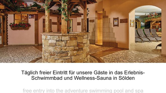 An inviting wellness area with an experience pool and a sauna in Sölden. Daylight streams through the windows, creating a relaxing atmosphere. - Haus Gondelblick - Sölden