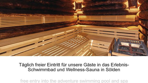 A sauna wellness oasis made of wood with comfortable benches. Daylight gently filters through the wooden slats, creating a relaxing atmosphere. - Haus Gondelblick - Sölden