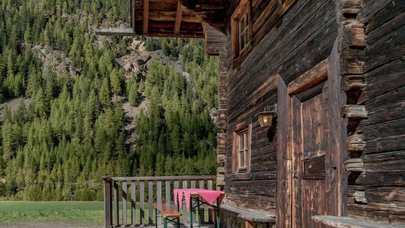 A charming wooden cabin in nature with a table and chairs on the terrace. In the background, there are green trees and a mountainous landscape. - Landhaus im Grüne - Zwieselstein