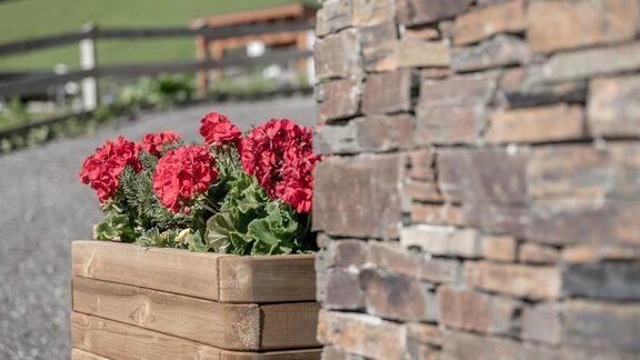 A wooden planter box with bright red flowers stands next to a stone wall. In the background, a green landscape can be seen. - The Peak Sölden - Sölden