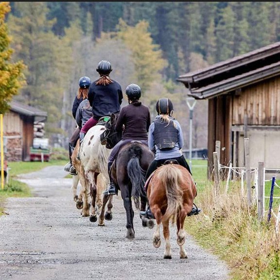 A group of riders on a path in the greenery, surrounded by trees and a wooden house. The autumn landscape conveys a tranquil atmosphere. - Reitstall Pegasus Längenfeld - Längenfeld