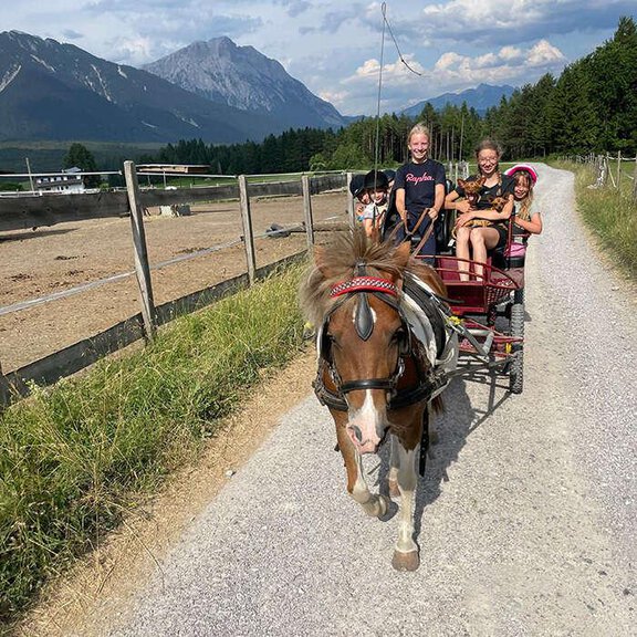 A group of children are riding in a carriage pulled by a pony. In the background, mountains and a rural landscape can be seen. - Reitstall Pegasus Längenfeld - Längenfeld