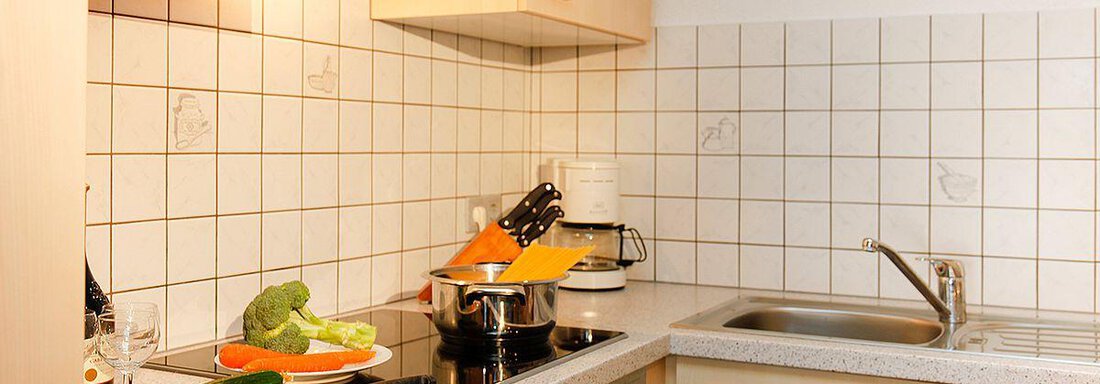 A modern kitchen with a stove, a sink, and various fresh vegetables. On the table lie broccoli, carrots, cucumbers, and tomatoes. - Berghof Schöpf - Gries