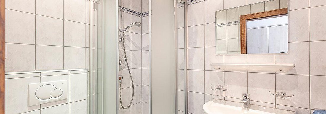 A modern bathroom with a shower and a sink. The walls are tiled, and the room is bright and clean. - Berghof Schöpf - Gries