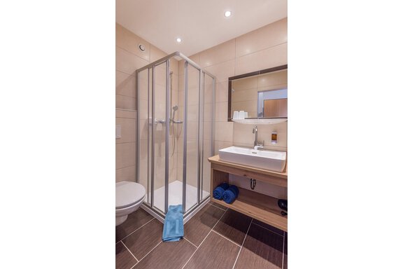 A modern bathroom with a shower cabin and a washbasin. 
There are towels on the wooden shelf and a large wall mirror. - Berghof Schöpf - Gries