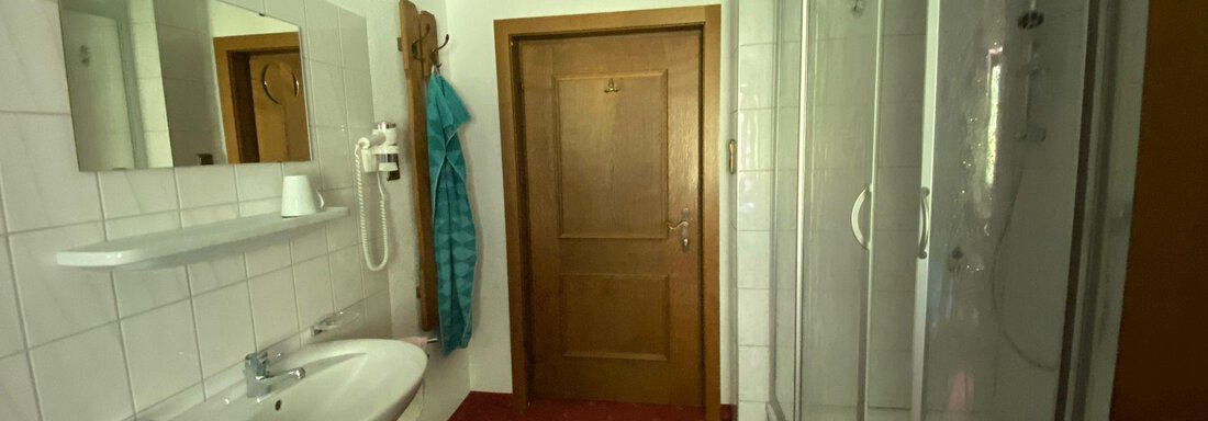 Ein modernes Badezimmer mit einer Dusche, Waschbecken und einem großen Spiegel. Der Boden ist mit rotem Teppich ausgelegt und eine Holztür führt nach draußen. - Haus Bergkristall - Gries