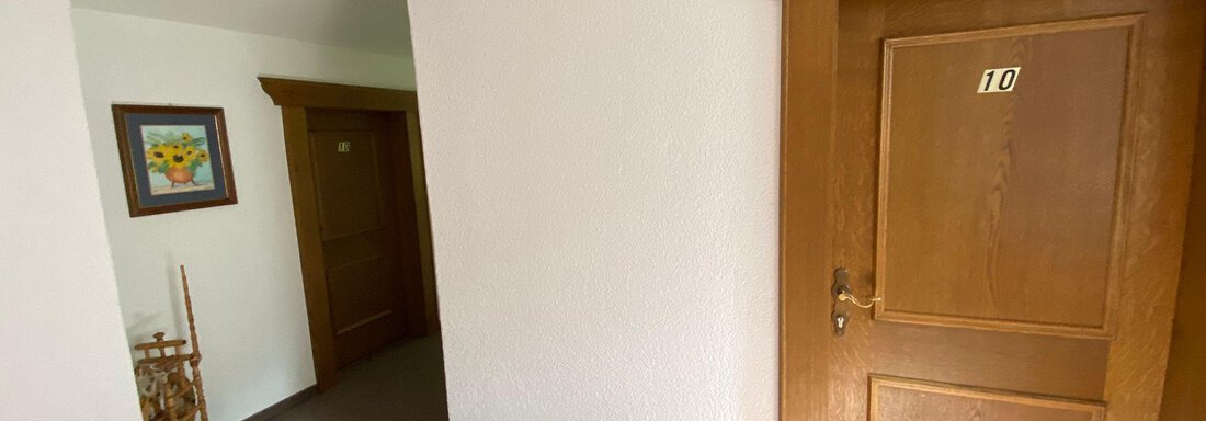 Ein heller Flur mit zwei Türen und einem Teppich. An der Wand hängt ein Gemälde und es gibt Dekorationselemente. - Haus Bergkristall - Gries