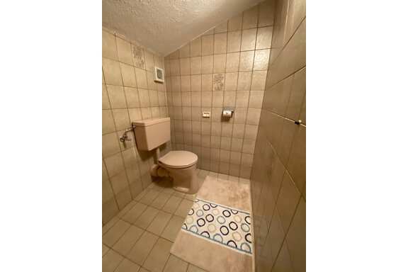 Ein kleines Badezimmer mit Fliesen und einer schrägen Decke. Es gibt eine Toilette, einen Handtuchhalter und einen Teppich mit einem kreisförmigen Muster. - Haus Bergkristall - Gries
