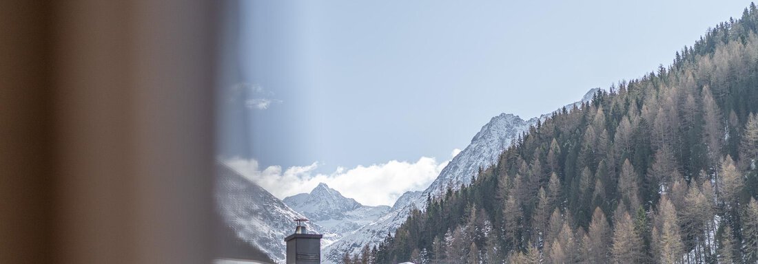 Eine verschneite Landschaft mit Bergen und Bäumen. Der Himmel ist klar und blau. - Hotel Schöpf - Gries