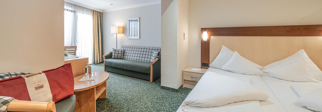 Ein gemütliches Hotelzimmer mit einem großen Bett und einem Sofa. Die Fenster lassen viel Tageslicht herein und der Teppich ist grün. - Hotel Schöpf - Gries