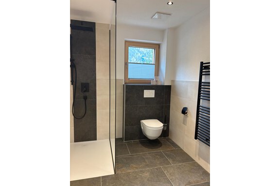 A modern bathroom with a shower and a white toilet. Generous windows provide daylight. - KLAMMERHOF - Gries