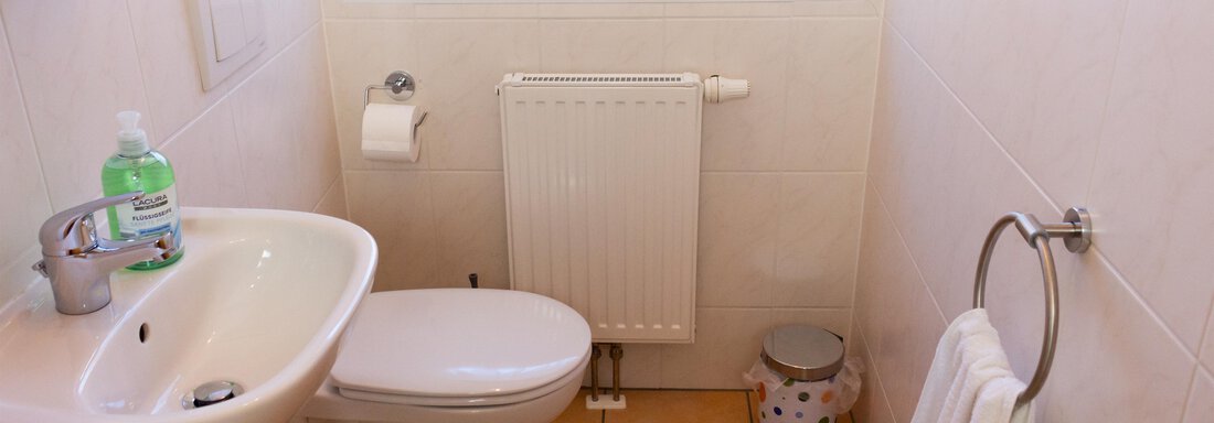 Ein kleines, helles Badezimmer mit weißen Wänden und Fliesen. Es gibt ein Waschbecken, eine Toilette und ein Handtuchhalter. - Ferienhaus Neurauter - Haiming