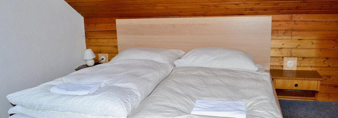 A cozy bedroom with a double bed and light blankets. The ceiling is made of wood and creates a warm atmosphere. - Haus Maria - Hochsölden