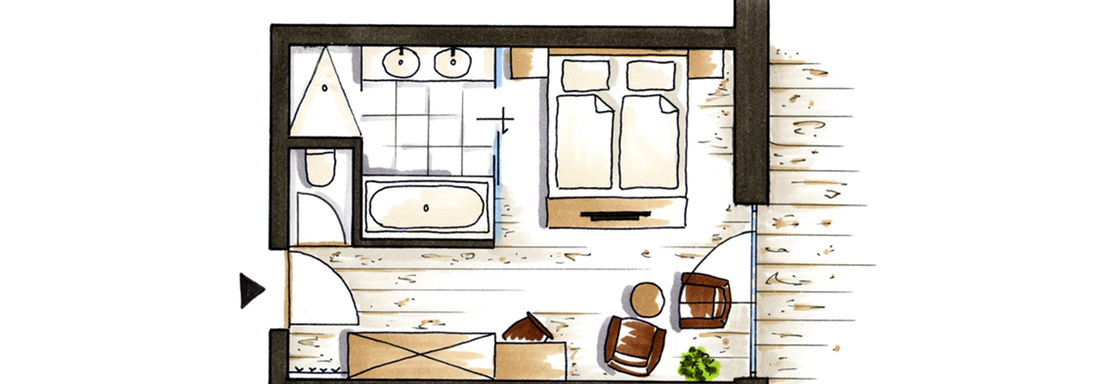 A sketched layout featuring a bathroom, a bedroom, and a small living area. The furniture is simply and modernly arranged. - 4 * Superior Hotel Schöne Aussicht - Hochsölden