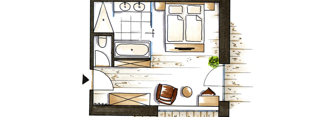A sketch of a room layout with two beds, a bathroom, and a small seating area. The room is designed to be bright and spacious. - 4 * Superior Hotel Schöne Aussicht - Hochsölden