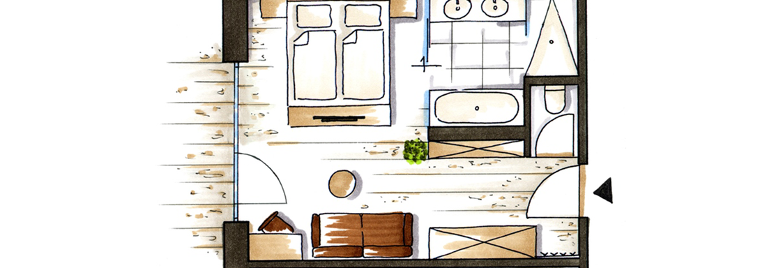A sketched floor plan representation of a small room with a bathroom, a couch, and windows. The layout is designed to be simple and functional. - 4 * Superior Hotel Schöne Aussicht - Hochsölden