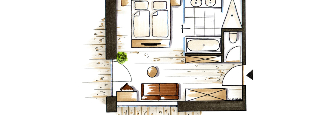 A sketched room layout with a bathroom and a living area. It includes furniture such as a bench and plants. - 4 * Superior Hotel Schöne Aussicht - Hochsölden