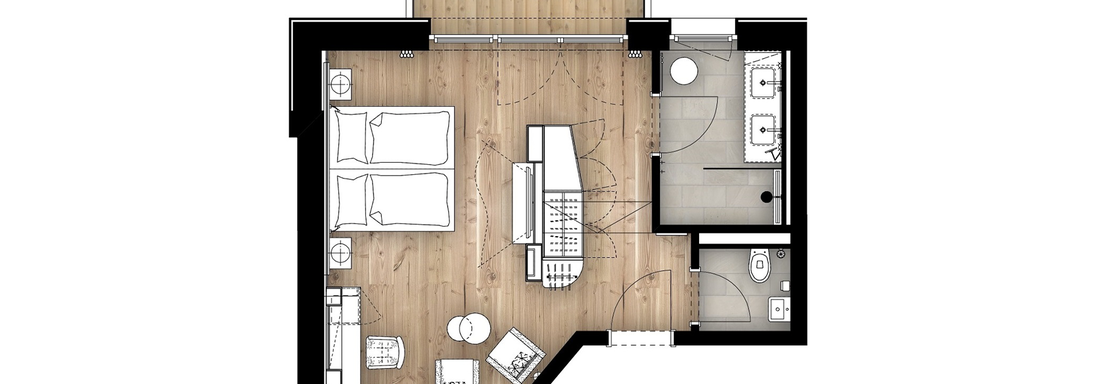 A modern layout with a living room, two bedrooms, and a bathroom. The floor is made of wood, and the furniture is designed to be simple and elegant. - 4 * Superior Hotel Schöne Aussicht - Hochsölden