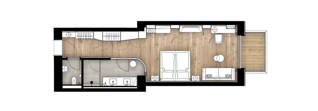 A floor plan illustration of an apartment with a living area, bedroom, bathroom, and kitchen. The space has a modern, open style with hardwood flooring. - 4 * Superior Hotel Schöne Aussicht - Hochsölden