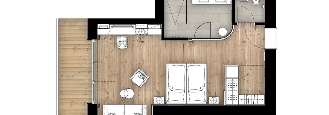 A stylized floor plan of an apartment. It shows an open living area with a kitchen, bathroom, and two rooms. - 4 * Superior Hotel Schöne Aussicht - Hochsölden