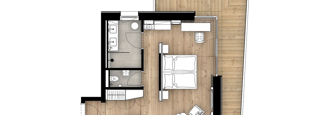 A modern floor plan drawing of an apartment with one bedroom, bathroom, and open living kitchen. The floor is made of light wood, and the rooms are clearly structured. - 4 * Superior Hotel Schöne Aussicht - Hochsölden