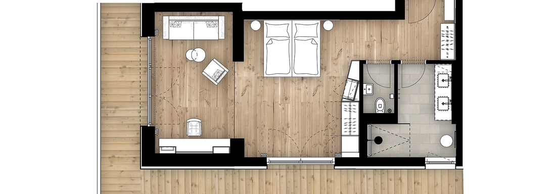 A floor plan sketch of an apartment with an open living and kitchen area. The bedroom is also distinctly visible. - 4 * Superior Hotel Schöne Aussicht - Hochsölden