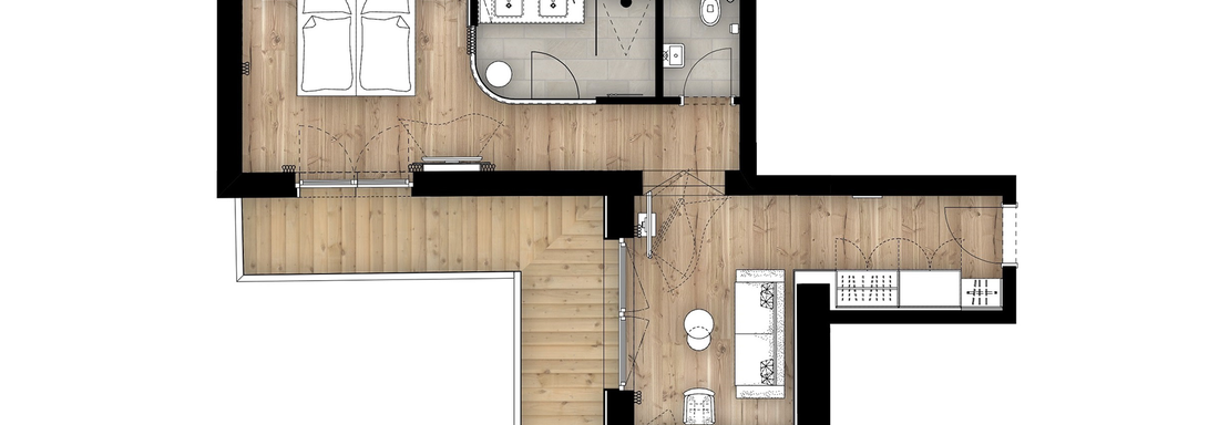 An apartment floor plan with an open living room, a kitchen, and two bedrooms. The layout features modern bathrooms and a hallway. - 4 * Superior Hotel Schöne Aussicht - Hochsölden