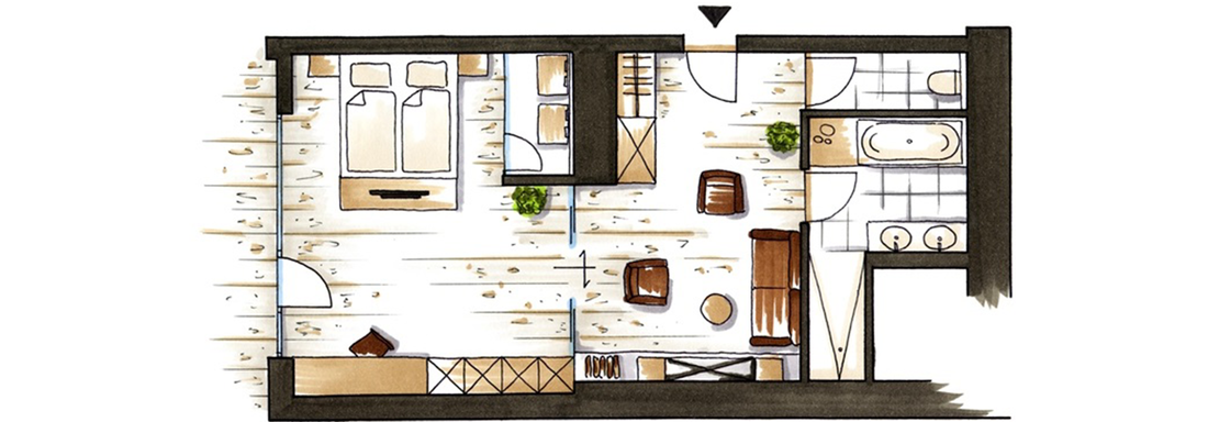 A schematic representation of an apartment with two bedrooms, one bathroom, and an open living area. The furnishings are designed to be modern and cozy. - 4 * Superior Hotel Schöne Aussicht - Hochsölden