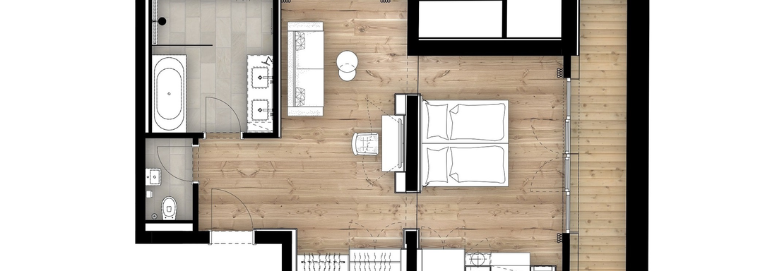 A modern layout with one bedroom, one bathroom, and an open kitchen. The floor is made of wood, creating a warm atmosphere. - 4 * Superior Hotel Schöne Aussicht - Hochsölden