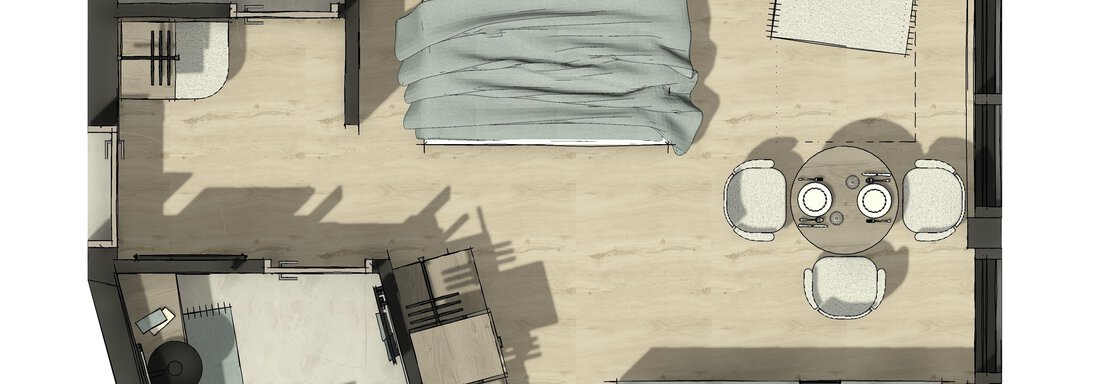 A modern floor plan view of an apartment with one bedroom, a living room, and a kitchenette. The rooms are designed in light colors and well-furnished. - ViVo Hochsölden 2.090 m - Hochsölden