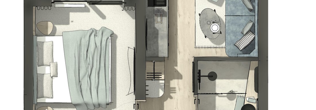 A modern room layout with a bedroom and a living area. The living area is equipped with a sofa, a table, and two chairs. - ViVo Hochsölden 2.090 m - Hochsölden