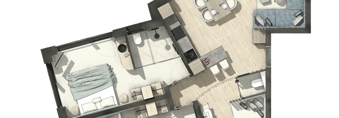 A modern floor plan representation of an apartment with two bedrooms and an open living area. The space is bright and inviting, with a dining table and elegant furnishings. - ViVo Hochsölden 2.090 m - Hochsölden
