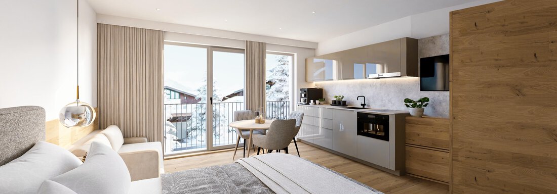 01_Wohnzimmer A modern room with large windows and a beautiful view of the mountains. The decor is bright and inviting, with tasteful furniture and a small kitchenette. - ViVo Hochsölden 2.090 m - Hochsölden