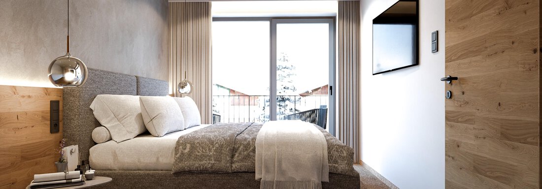 A modern bedroom with a comfortable bed and a large window. The warm wooden paneling creates a cozy atmosphere. - ViVo Hochsölden 2.090 m - Hochsölden