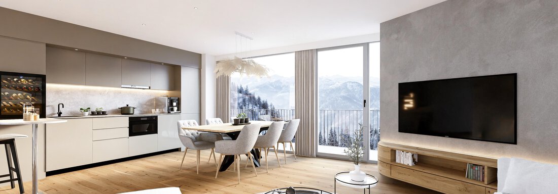 16_Wohnzimmer A modern living room with an open kitchen and large windows that offer a view of the mountains. It is bright and comfortably furnished, with a cozy sofa and a dining table. - ViVo Hochsölden 2.090 m - Hochsölden