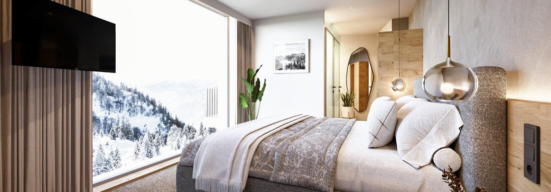 A modern bedroom with a large window that offers a view of snow-covered mountains. The decor is stylish and cozy, featuring a comfortable bed and soft color tones. - ViVo Hochsölden 2.090 m - Hochsölden