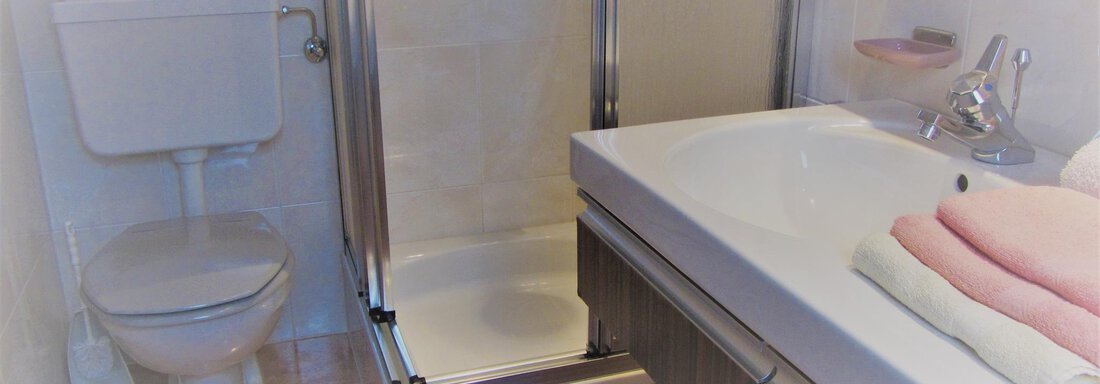 Badezimmer mit Dusche und WC - Alpenpension Höfler - Huben