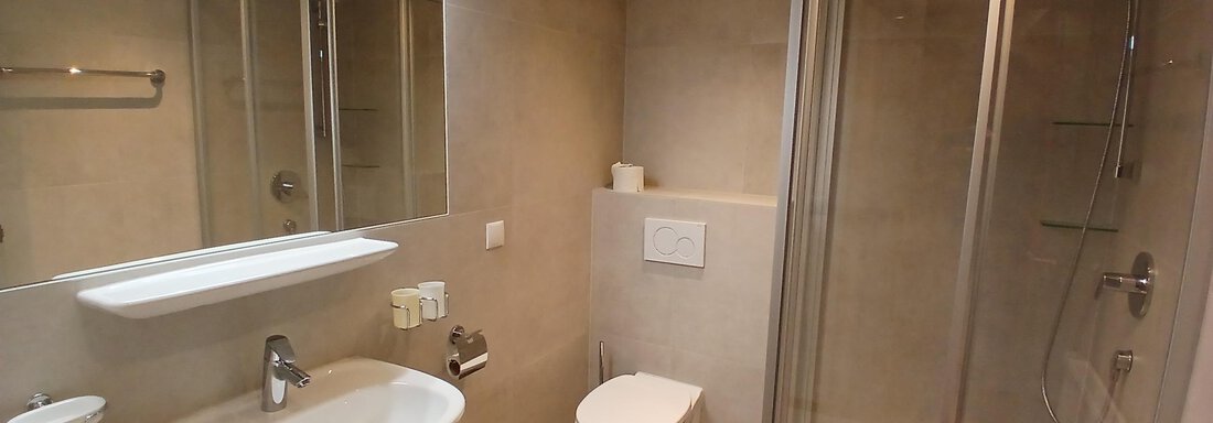 Ein modernes Badezimmer mit Dusche, Waschbecken und WC. Die Wände sind in neutralen Tönen gehalten, und es gibt einen großen Spiegel. - Appartement Erich Wilhelm - Huben