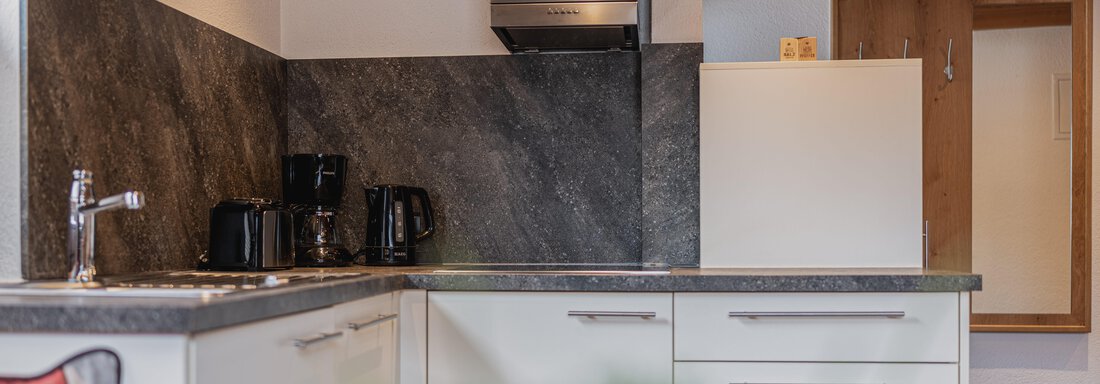 Eine moderne Küche mit einer eleganten Arbeitsfläche. Der Raum ist gut beleuchtet und enthält verschiedene Küchengeräte und eine Kühlschrank. - Appartements Alpenrose - Huben