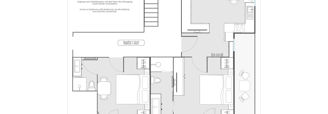 Grundriss eines modernen Apartments mit mehreren Zimmern, einschließlich Schlafzimmer, Badezimmer und Wohnbereich. Die Anordnung der Möbel ist übersichtlich und funktional gestaltet. - Appartements Alpenrose - Huben