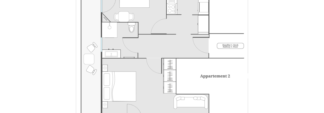 Eine Grundrissskizze eines Apartments mit mehreren Räumen. Die Bereiche umfassen Schlafzimmer, Küche und Badezimmer. - Appartements Alpenrose - Huben