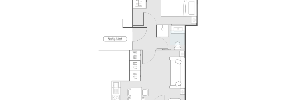Eine detaillierte Grundrisszeichnung eines Apartments mit verschiedenen Räumen. Das Layout umfasst ein Schlafzimmer, den Wohnbereich und eine Küche. - Appartements Alpenrose - Huben