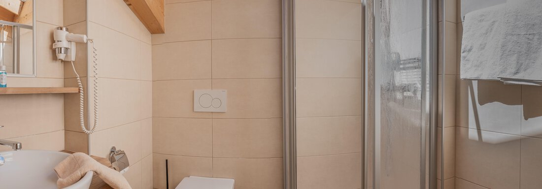 Ein modernes Badezimmer mit Dusche, Waschbecken und WC. Die Wände sind Beige gefliest und es gibt Holzdetails im Design. - Appartements Alpenrose - Huben