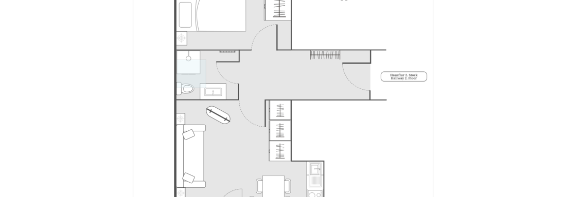 Eine Grundrissskizze eines Apartments mit mehreren Räumen. Die Räume sind klar definiert und beinhalten eine Küche, ein Wohnzimmer und ein Schlafzimmer. - Appartements Alpenrose - Huben
