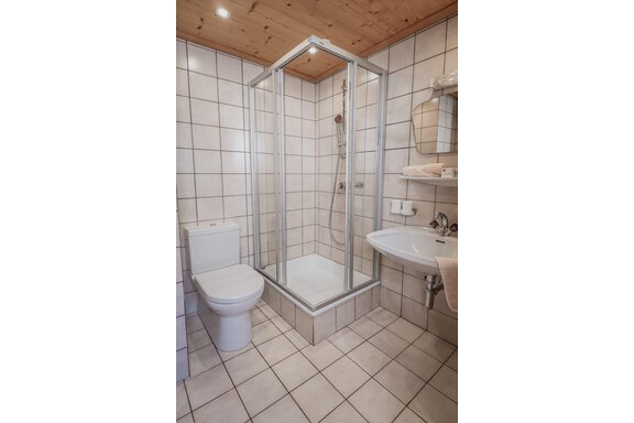 Ein modernes Badezimmer mit einer Dusche und einem Waschbecken. Die Wände sind mit hellen Fliesen dekoriert. - Appartements Alpenrose - Huben