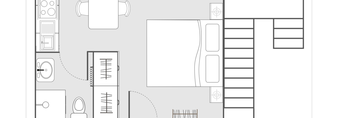 Eine schematische Darstellung eines Appartements mit einem Wohnbereich, Küchenzeile und einem Schlafzimmer. Die Treppe führt zu einer anderen Etage. - Appartements Alpenrose - Huben