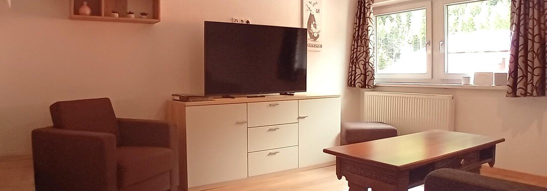 A cozy living room with a television and a wooden sideboard. There are two chairs and a table on a light wooden floor. - Haus Christoph im Herzen des Ötztals - Huben